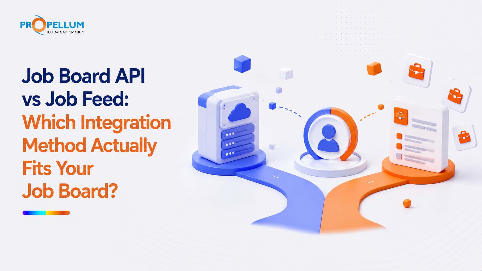 Modern Job Board API vs Job Feed comparison banner showing two integration pathways with cloud infrastructure, structured job data flow, and automated job distribution systems representing different methods for connecting and scaling job board data delivery.