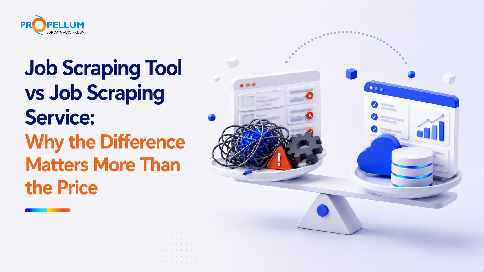 Modern comparison banner illustrating job scraping tool vs job scraping service, showing a contrast between complex manual scraping systems and scalable automated job data infrastructure with clean dashboards, cloud processing, and structured data delivery.