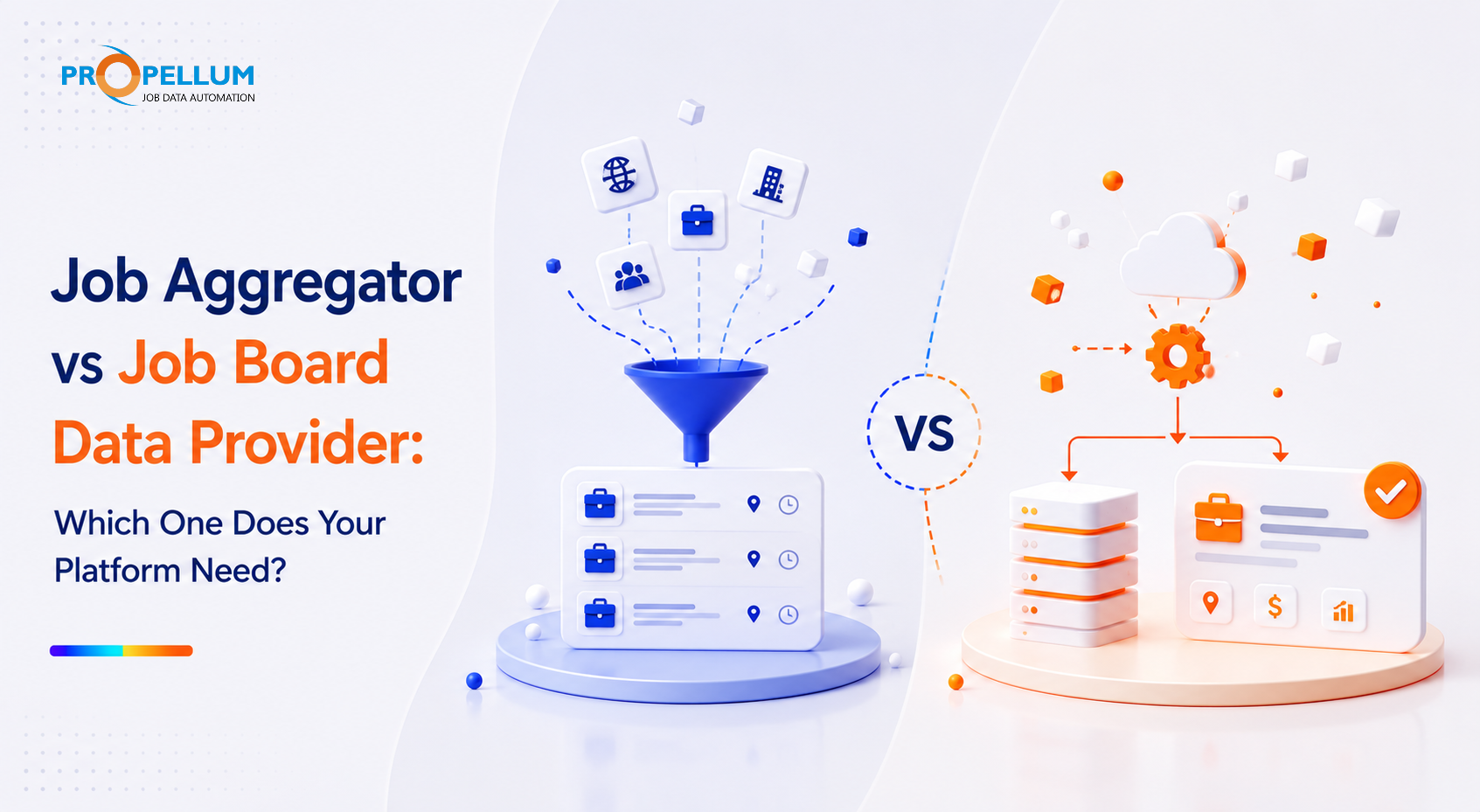 Modern job aggregator vs job board data provider comparison banner showing raw job collection transforming into structured job data infrastructure through automation, enrichment, and scalable data delivery systems.