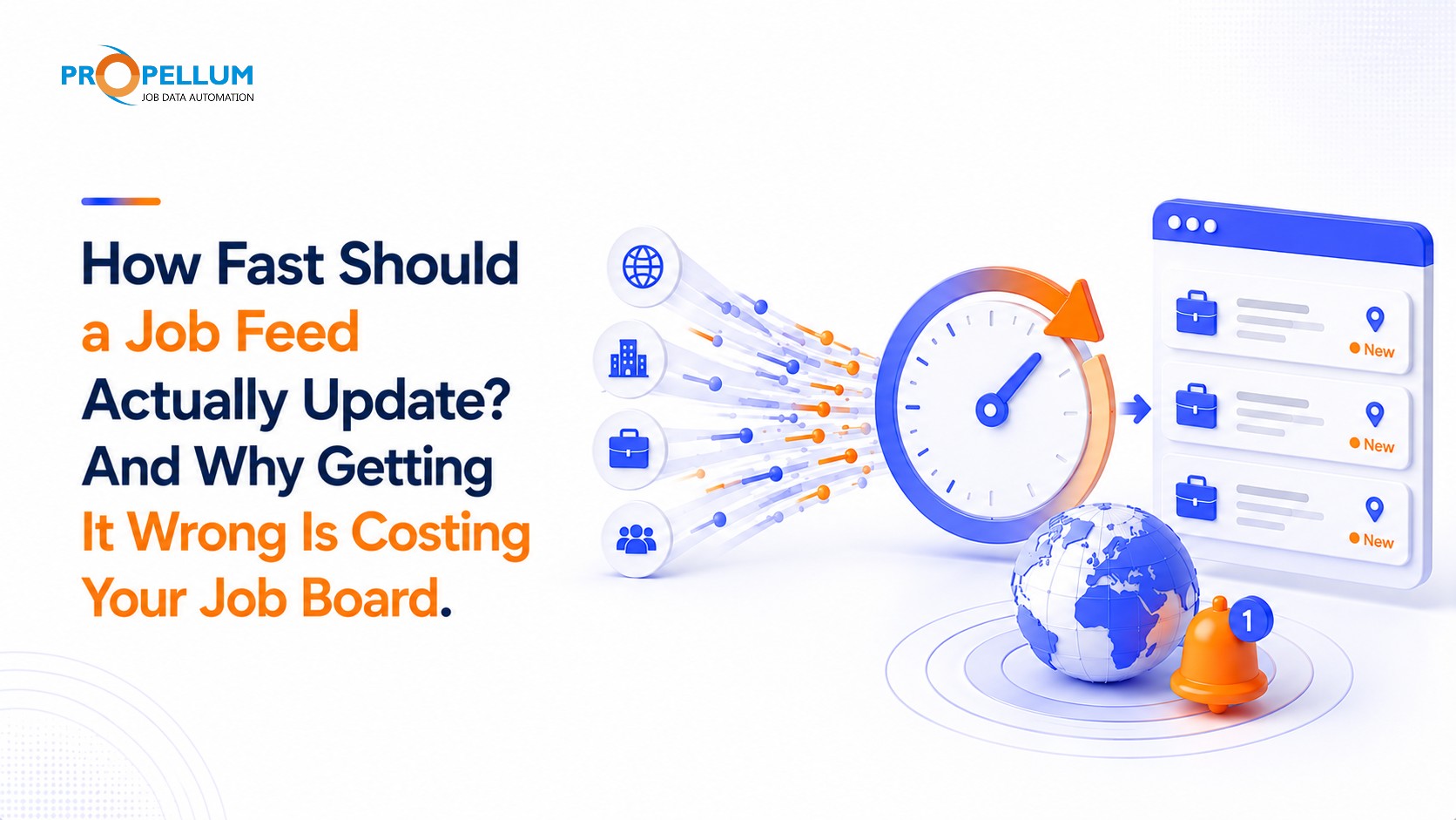 Modern job feed update frequency banner featuring a high-speed data synchronization concept with streaming job data flows, a performance gauge, global distribution indicators, and real-time job listing delivery infrastructure, illustrating the impact of feed refresh rates on job board freshness and visibility.